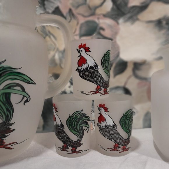 Vintage Hazel Atlas Frosted Glass Rooster Pitcher Set 🐓🍹 - Picture 6 of 11